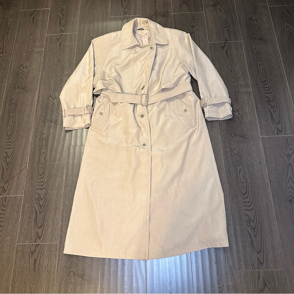 Utex Design Long Trench Coat Lightweight Lined Belt Tan Padded Shoulders Sz 16